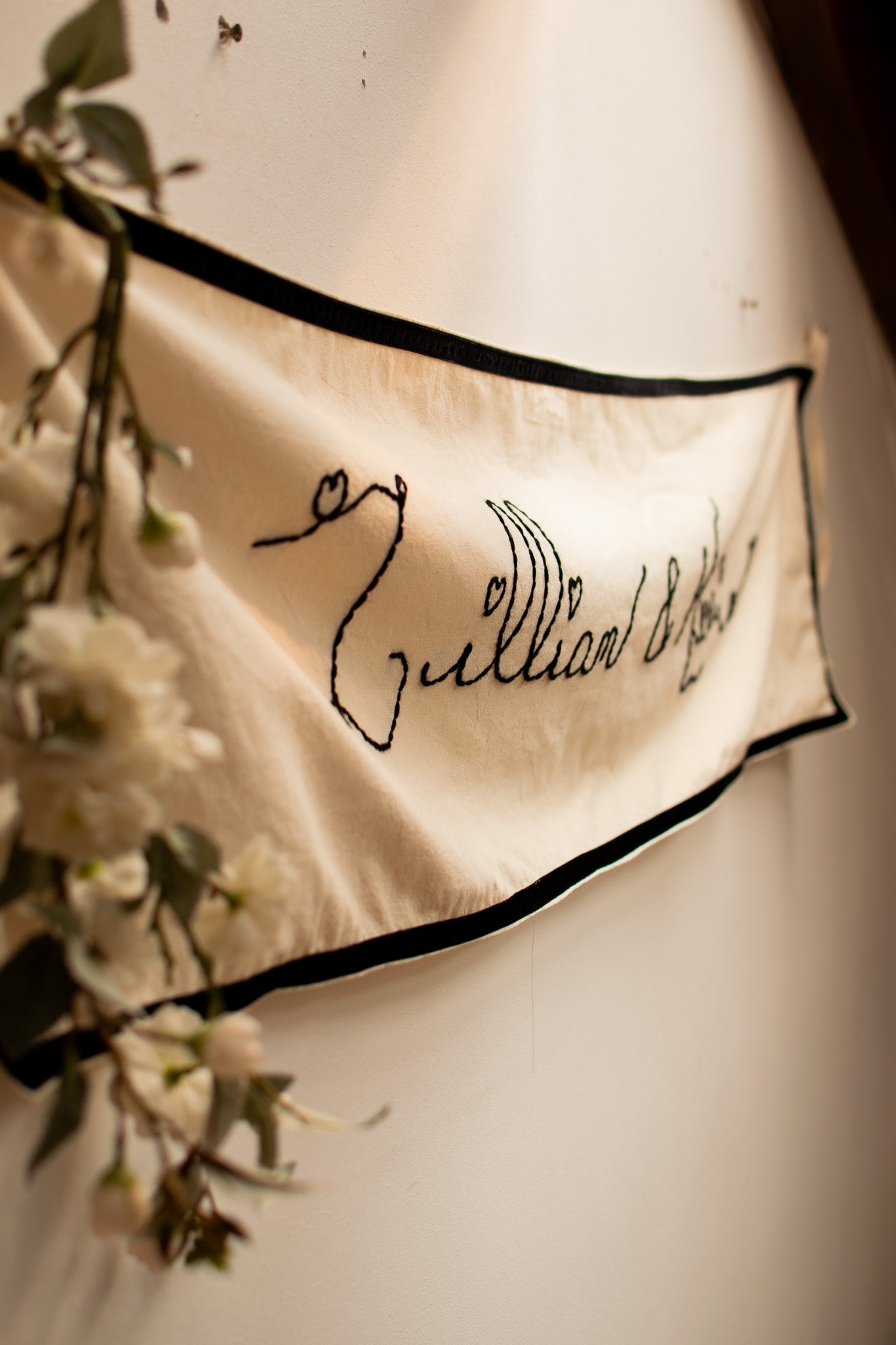 Custom Hand Embroidered Wedding Banner with Velvet Trim
