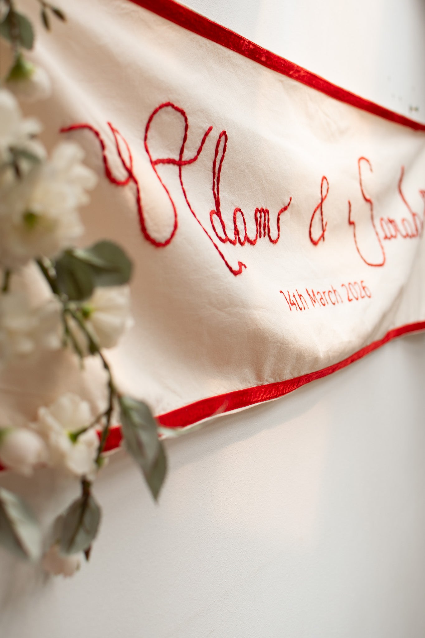 Custom Hand Embroidered Wedding Banner with Velvet Trim