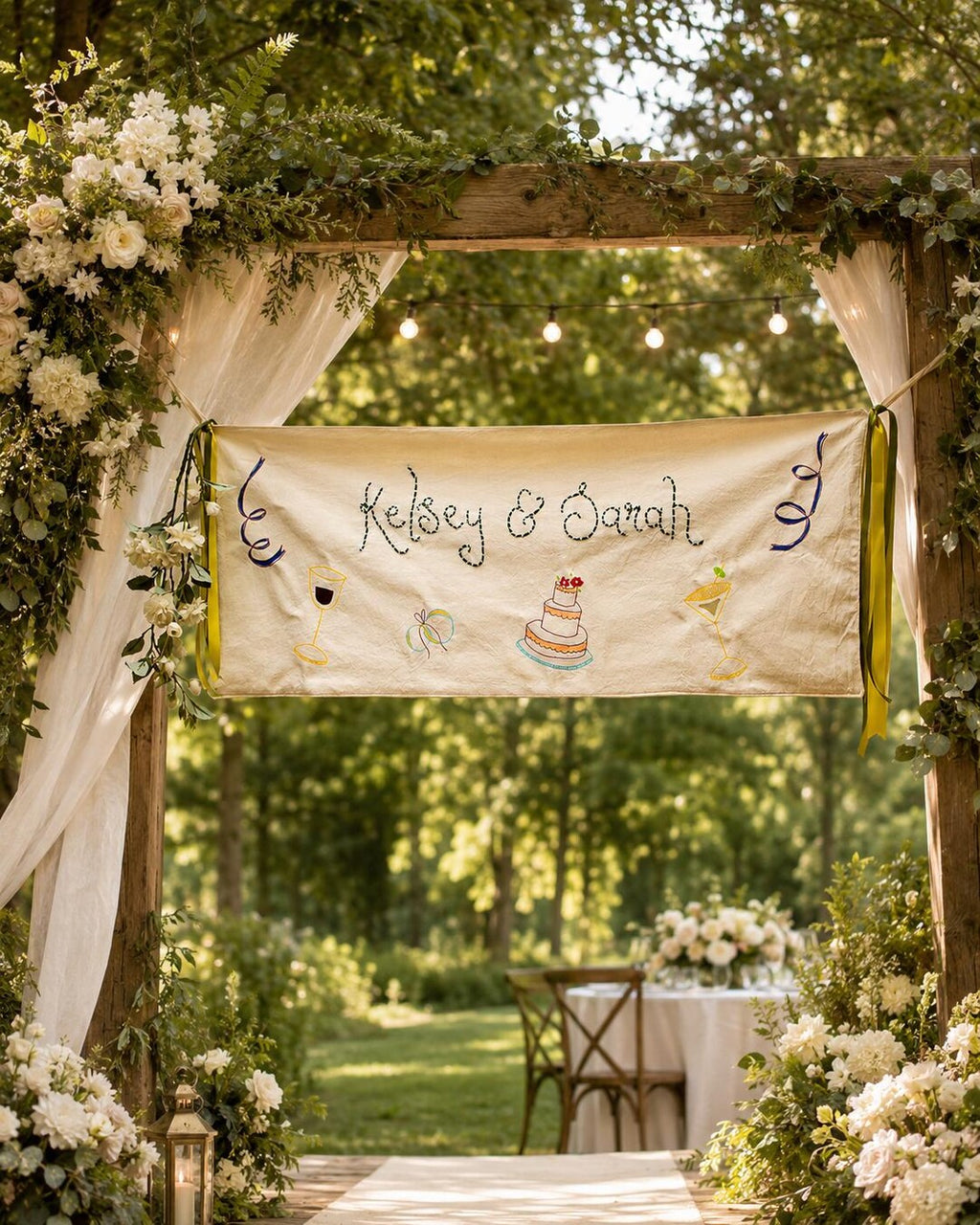 Illustrated wedding banner styled at an outdoor wedding ceremony arch with white flowers and greenery
