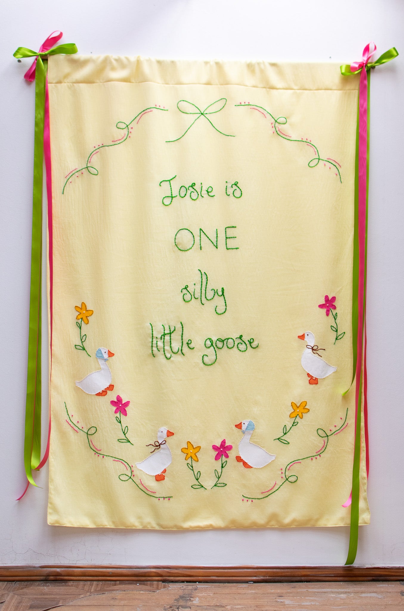 Hand Embroidered First Birthday Banner | Custom Name Goose & Floral Backdrop