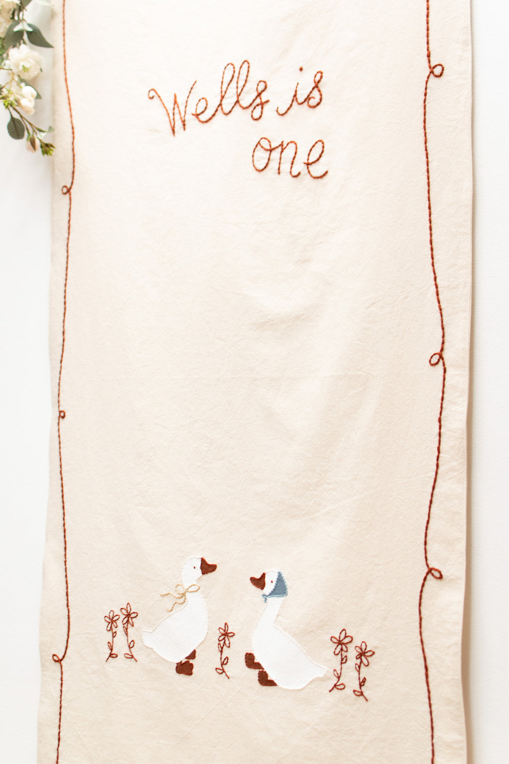Hand Embroidered Birthday Banner | Personalized Goose & Floral Vertical Banner