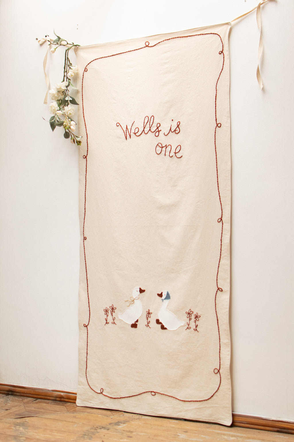 Hand Embroidered Birthday Banner | Personalized Goose & Floral Vertical Banner