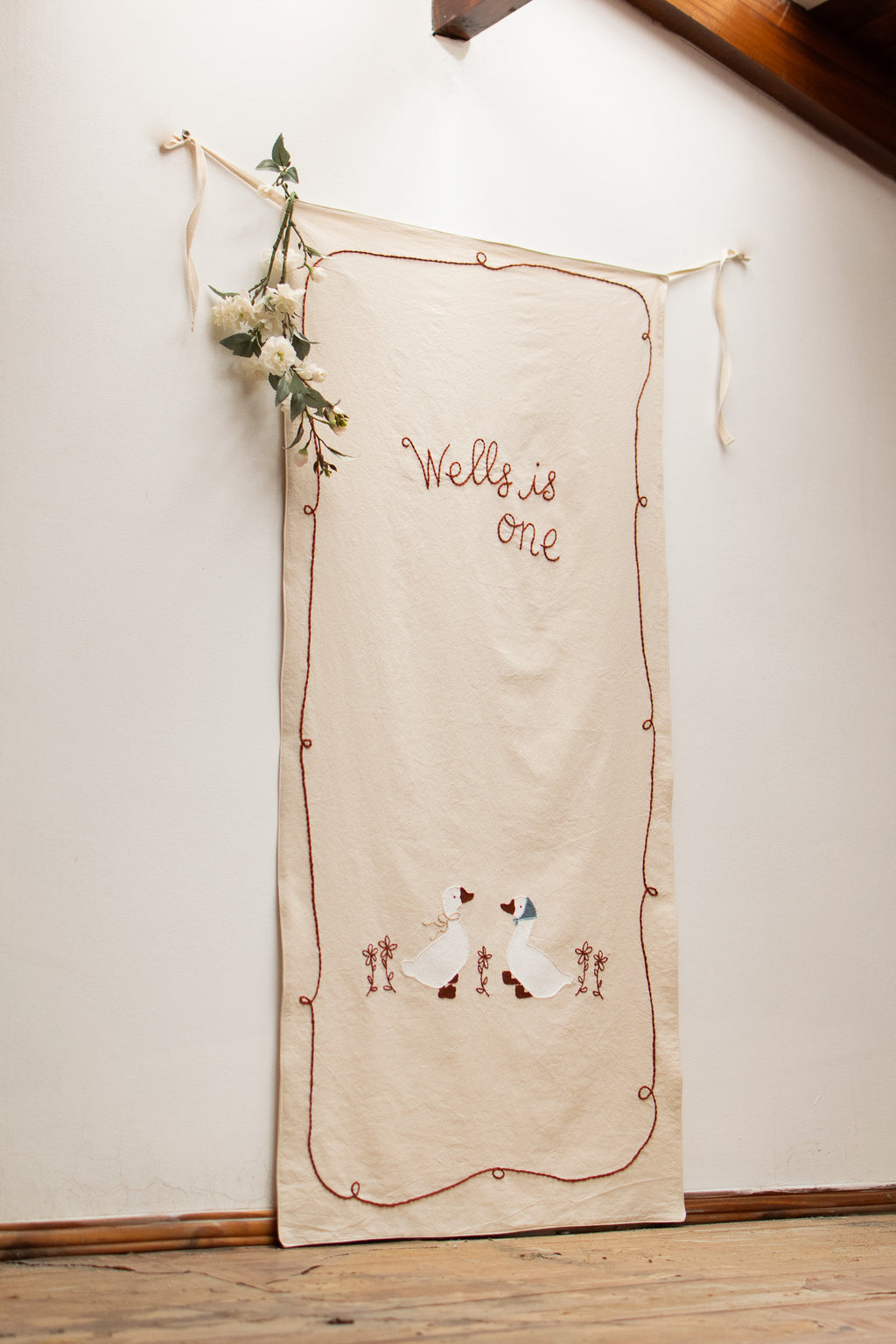Hand Embroidered Birthday Banner | Personalized Goose & Floral Vertical Banner